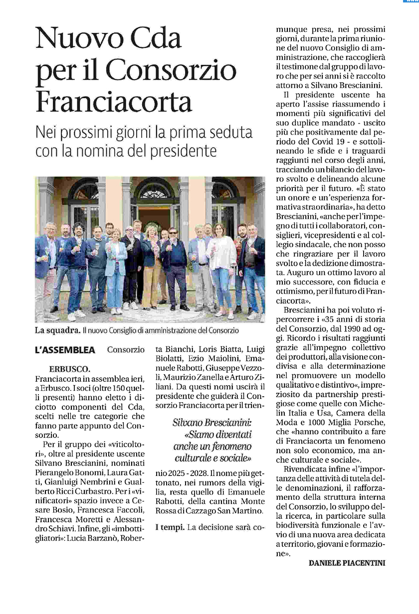 Nuovo Cda per il Consorzio Franciacorta