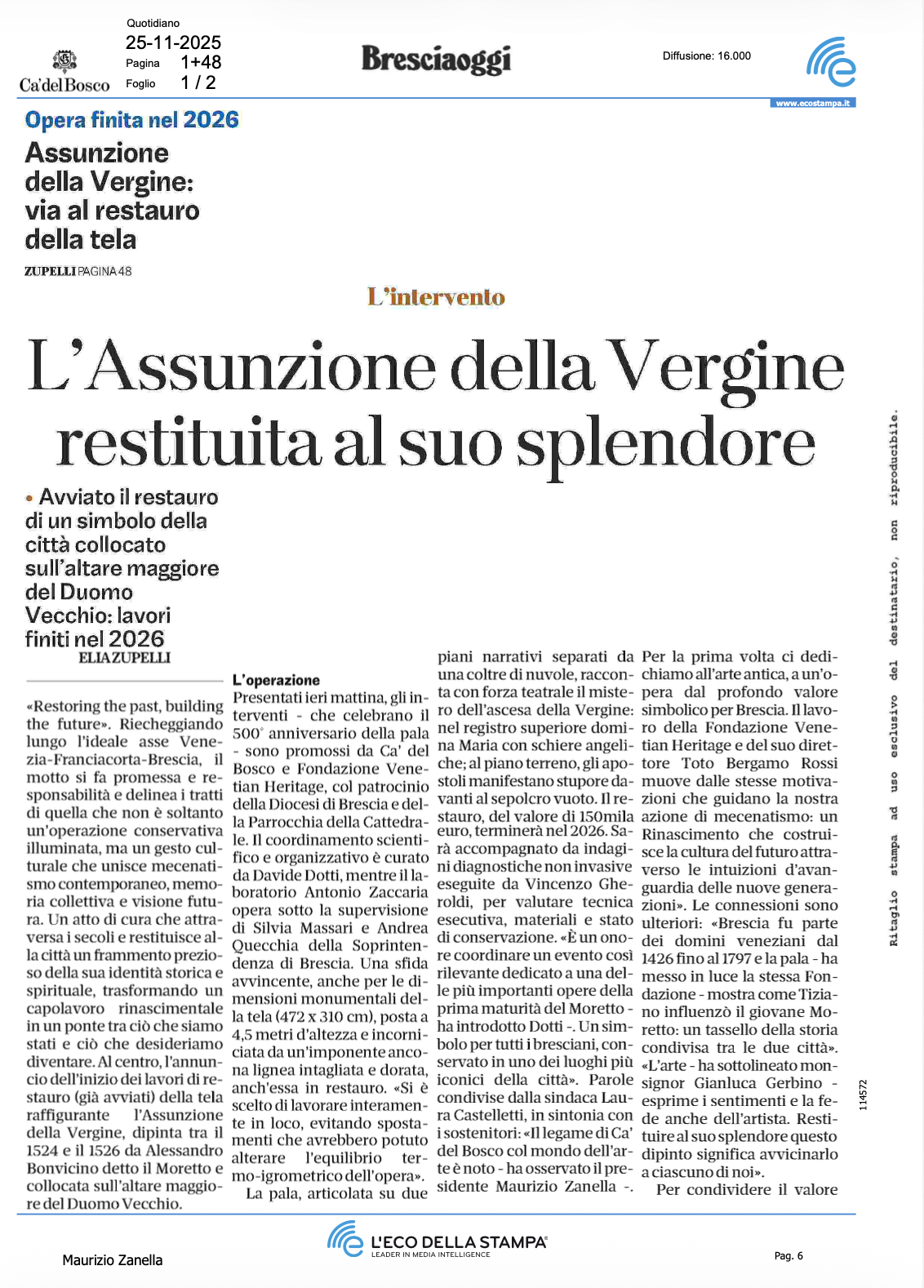 Assunzione della Vergine: via al restauro della [..]