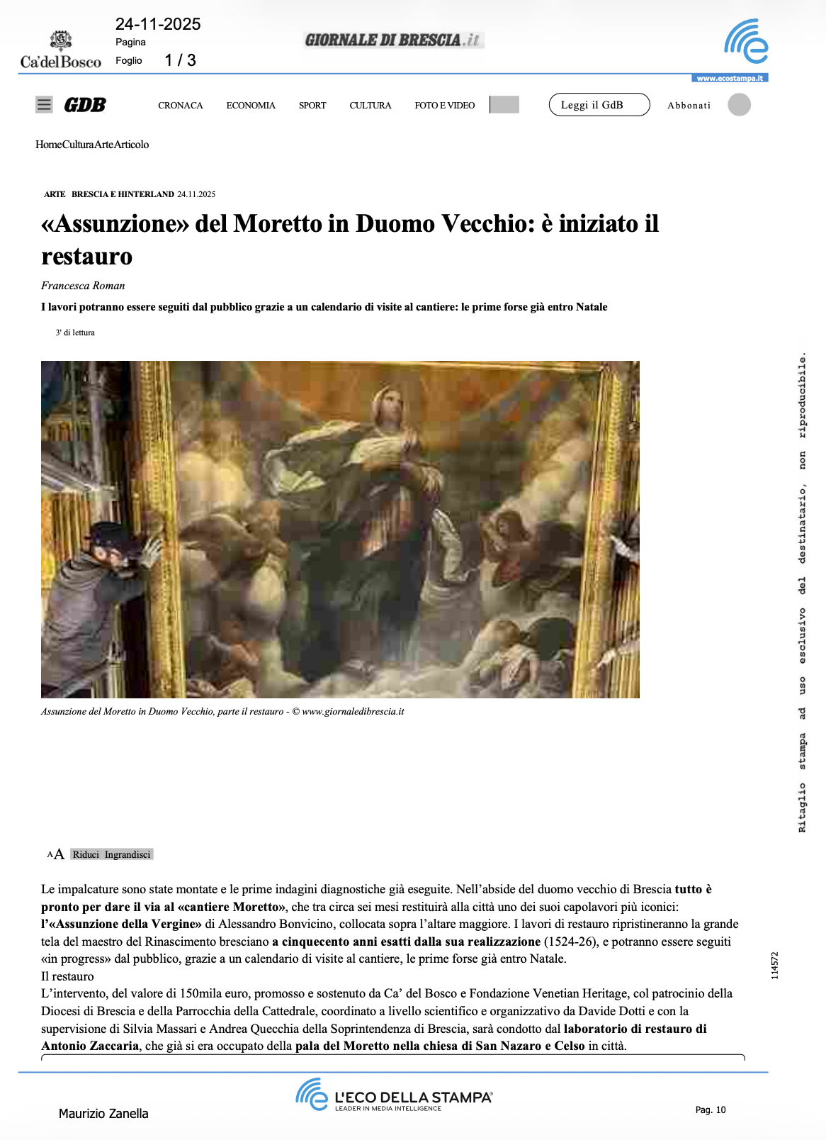 «Assunzione» del Moretto in Duomo Vecchio: è [..]
