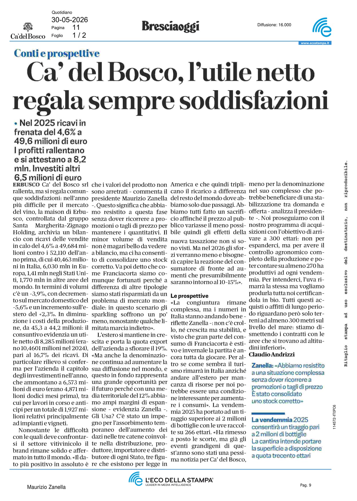 Ca del Bosco, l\'utile netto regala sempre [..]