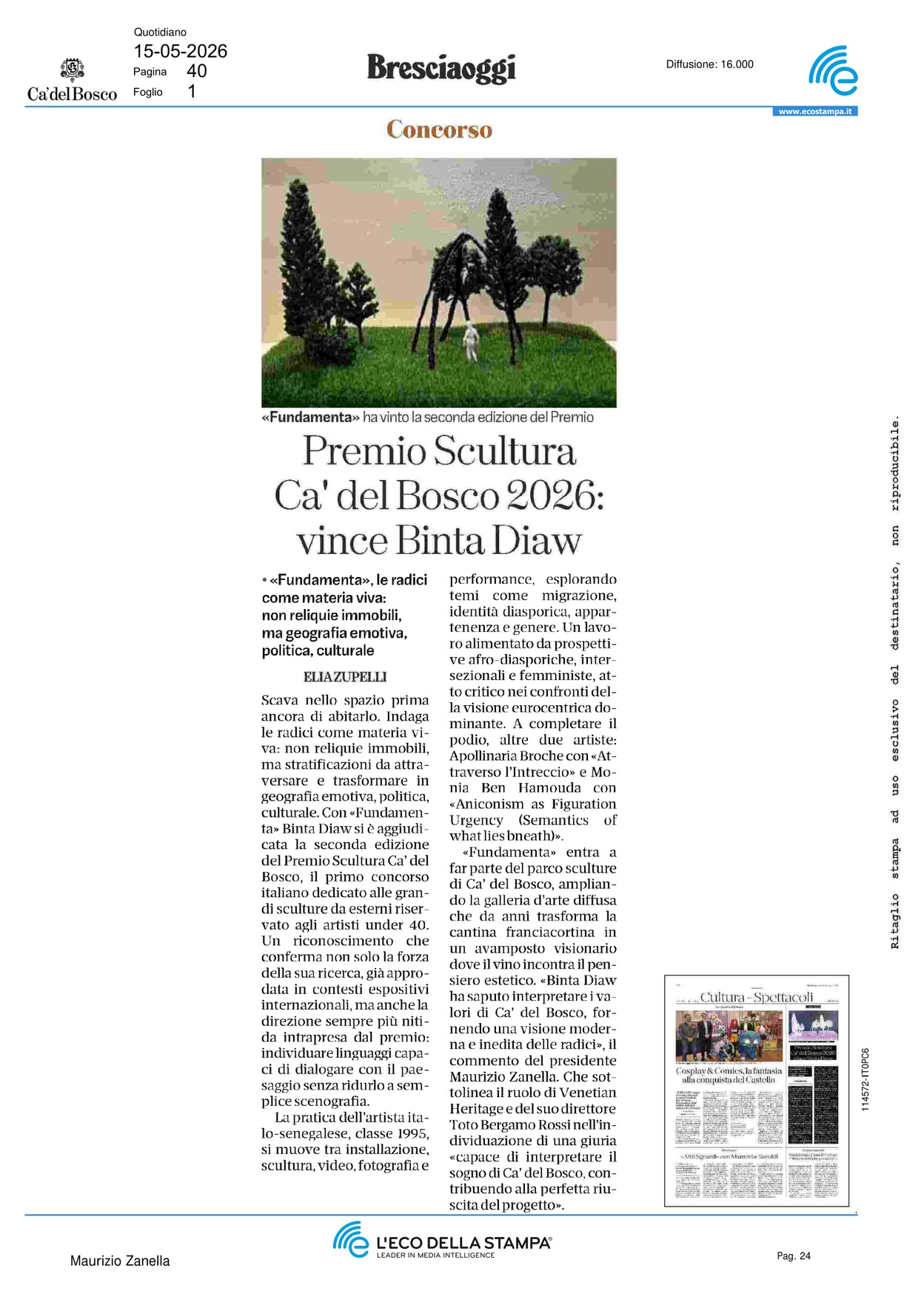 Premio Scultura Ca del Bosco 2026: vince Binta [..]